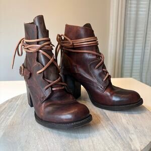 Freebird Billy Brown Leather Lace Up Ankle Boots Women's Sz 9 Block Heel Boho